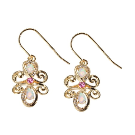18k Yellow Gold Created Opal with Created Pink and White Sapphire Drop Earrings