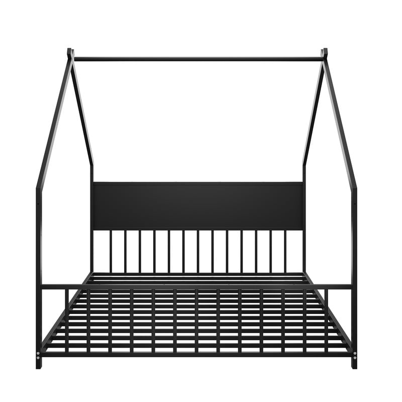 Full Size Montessori Bed with LED Light Strips, Metal Floor Bed with Headboard and Footboard, Full House Bed Frame with Slats Support（Black)