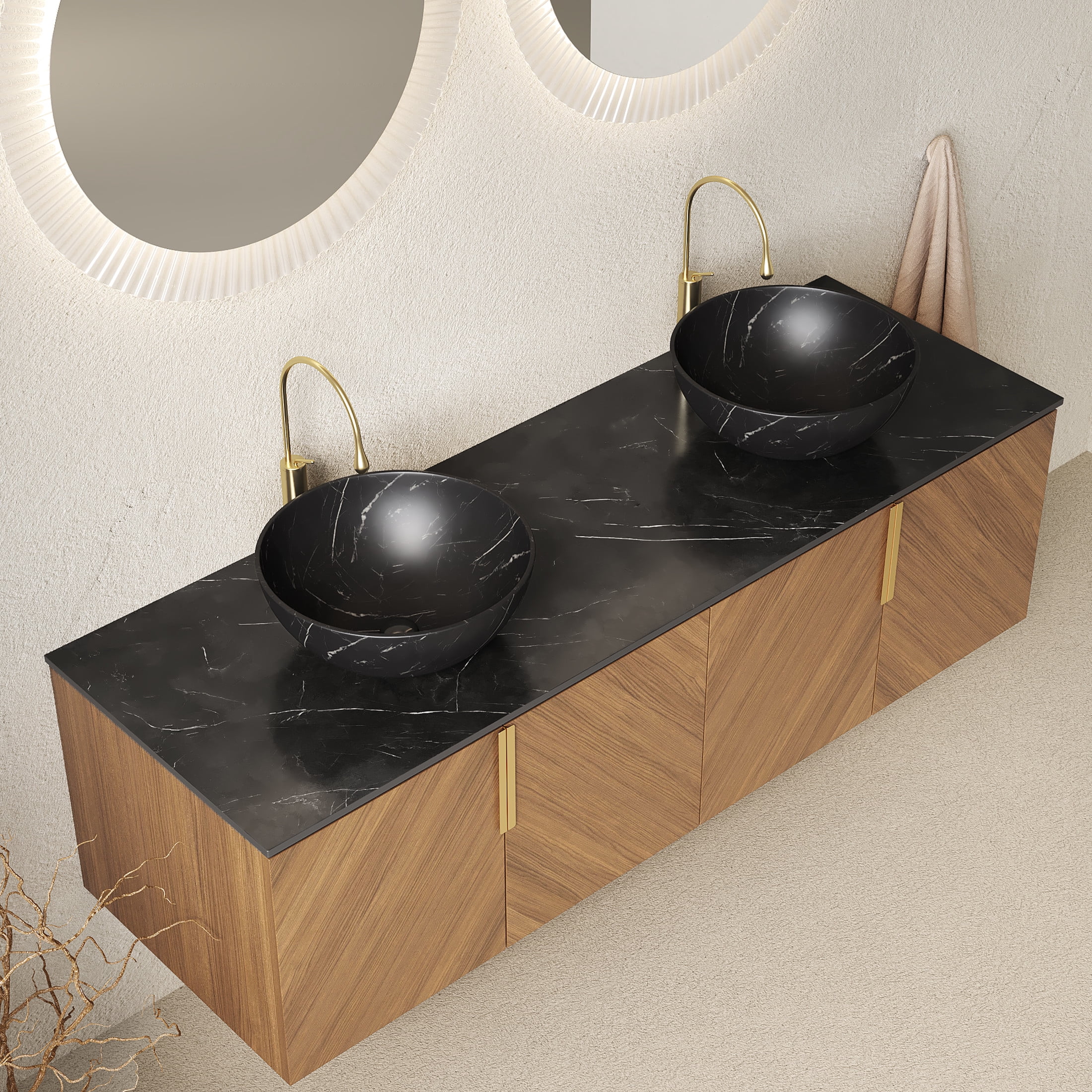 Noble House ARAI 60" Floating Double Bathroom Vanity, Sintered Stone Top Cabinet with Dual Black Bowl Sink, Oak