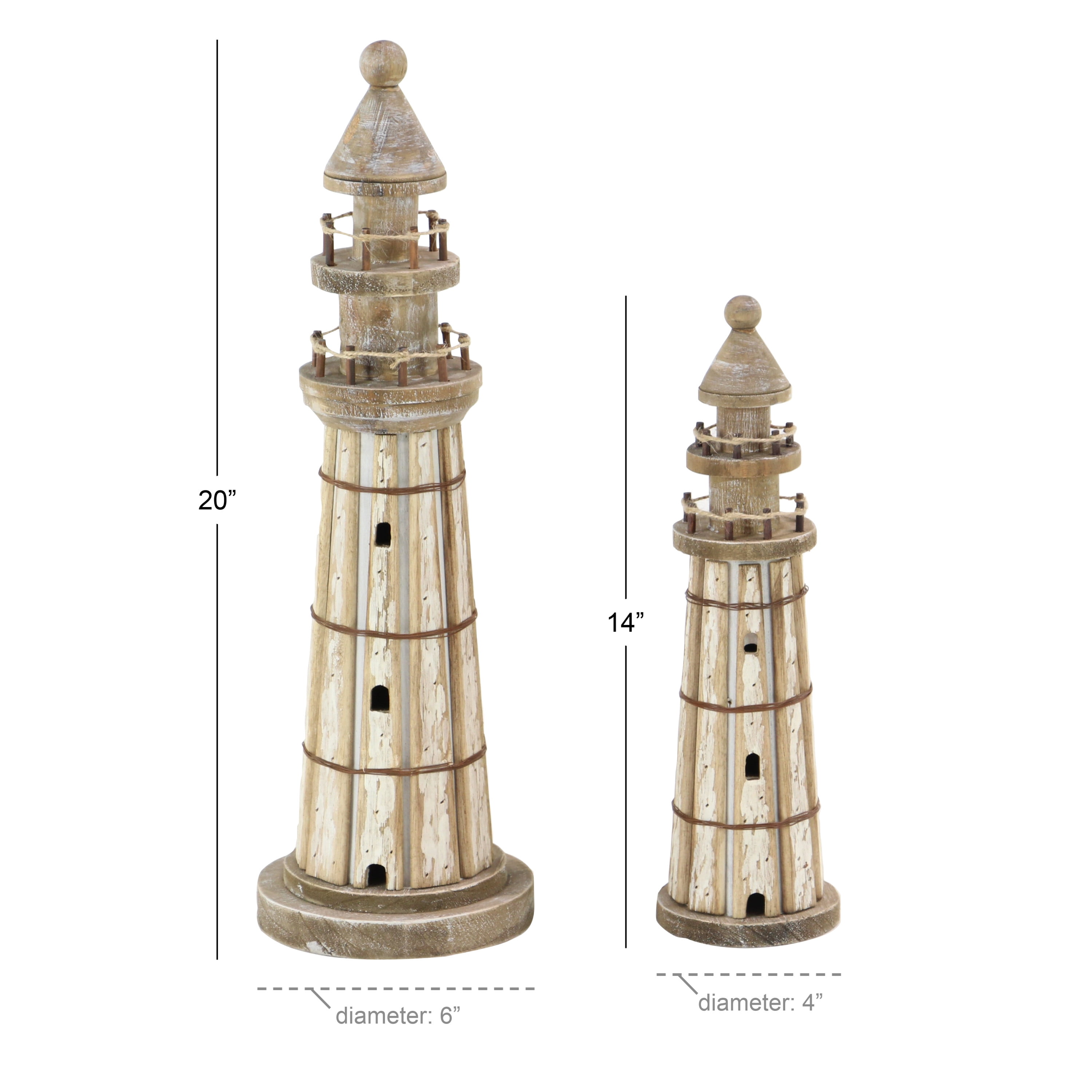 20", 14"H Brown Wood Light House Sculpture, by DecMode (2 Count)