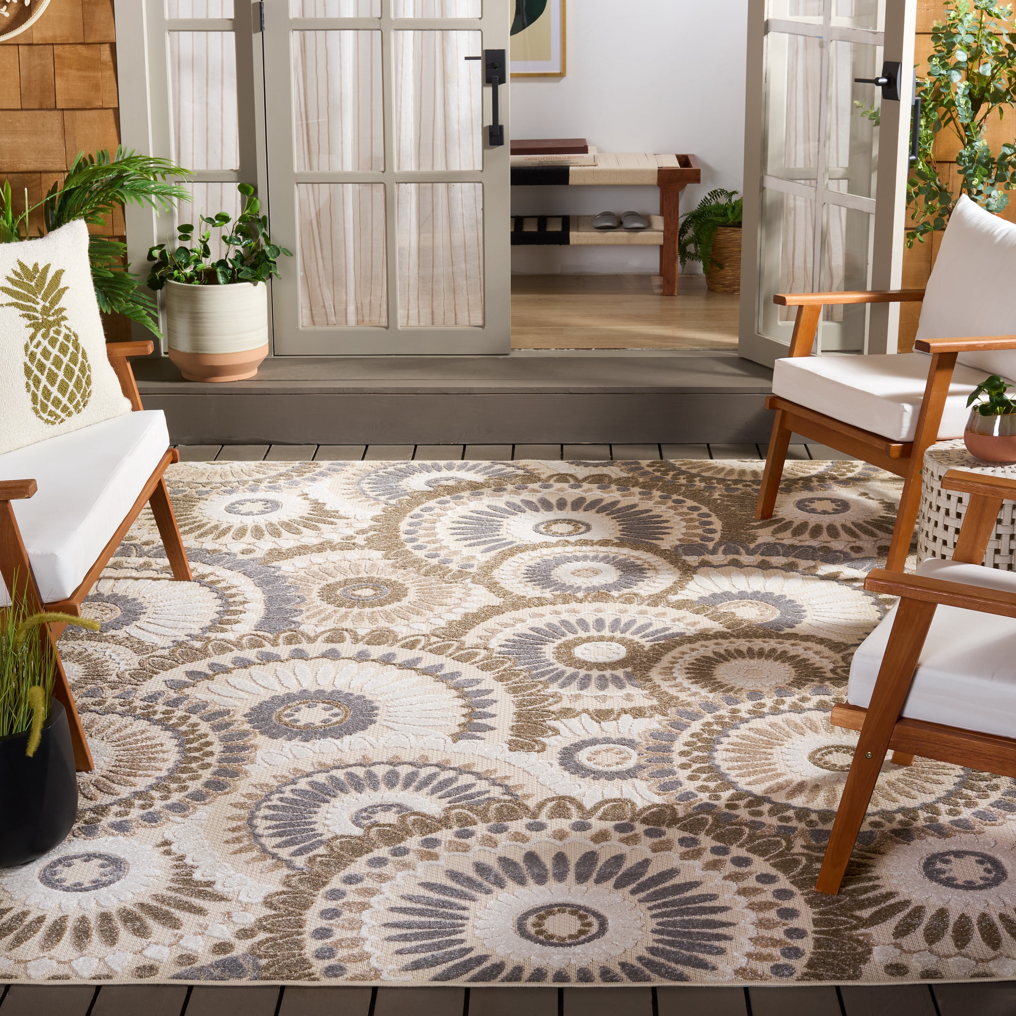 SAFAVIEH Cabana Brynn Floral Indoor/Outdoor Area Rug, Grey/Ivory, 8' x 10'