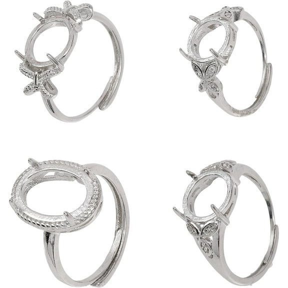 1 Box 4Pcs 4 Style Adjustable Brass Pad Ring Settings 4 Claw Prong Ring Settings Platinum US Size 6 1/2(16.9mm)~US Size 9(18.9mm) Tray: 10~14mm 1pc/style