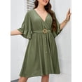 thumbnail image 3 of Robe pour Femmes Grande Taille à Manches Mi-Longues avec Ceinture à la Taille, Robe Décontractée, 3 of 8