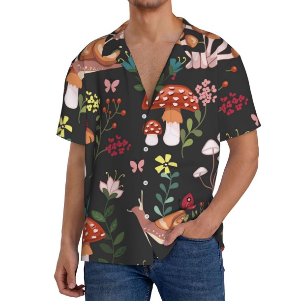Balery Mushroom With Snails Camisa Casual de Manga Corta con Botones para Hombre, Texturizada, Estilo Cubano, para Playa, Verano-3X-Large