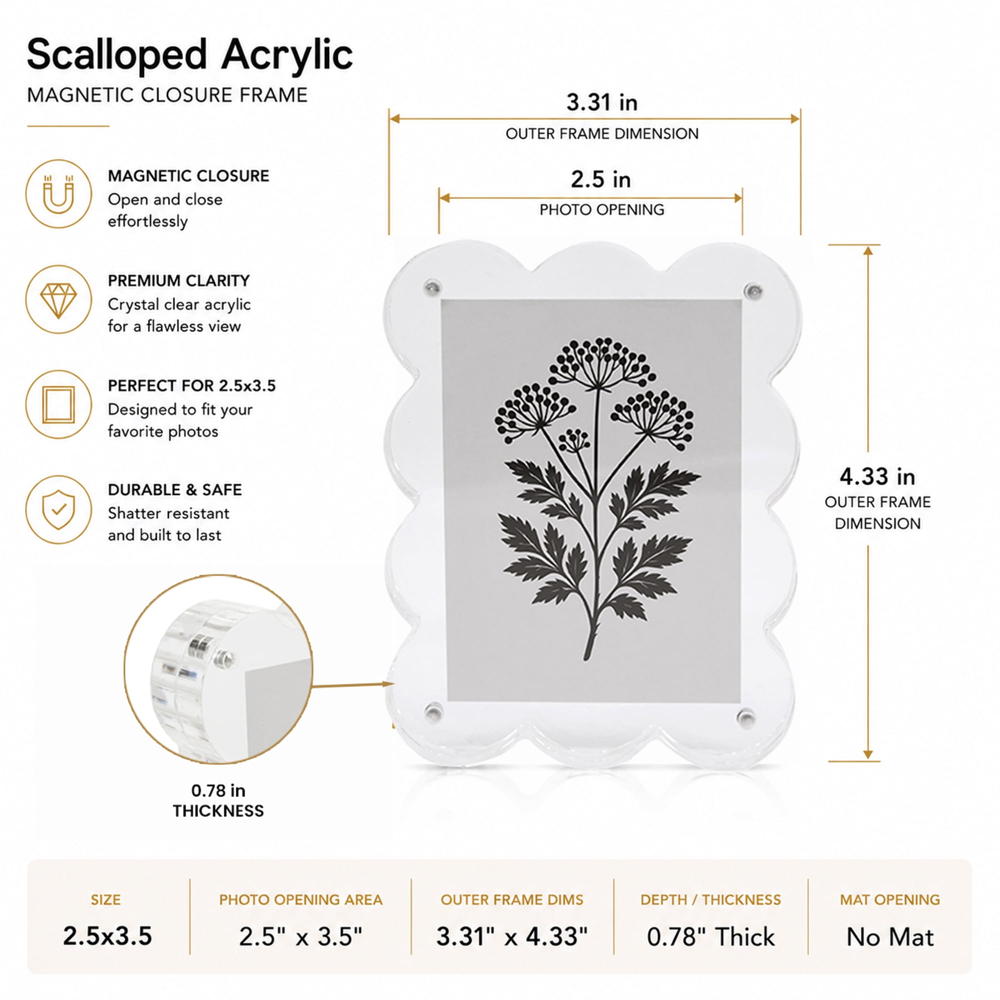 Snap Acrylic Scallop Block Frame for 2.5x3.5 Inch Photos, Clear Display