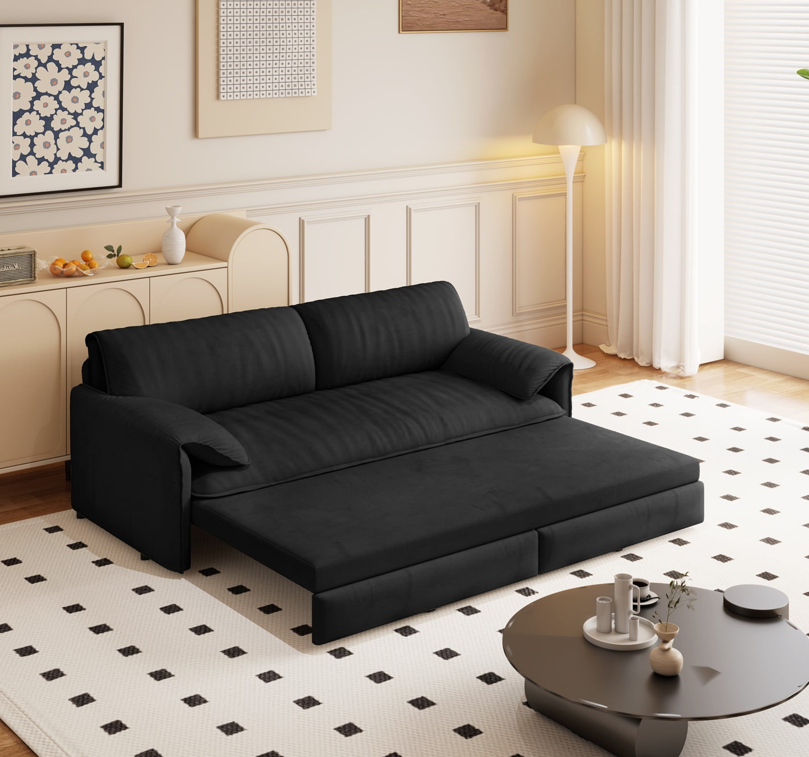 66" Futon Sofa Bed Queen Size, Pull Out Bed, 3-in-1 Convertible Sleeper Sofa with Side Pocket, Modern Velvet Futon Couch for Living Room, Small Space, Apartment, Bedroom, Black