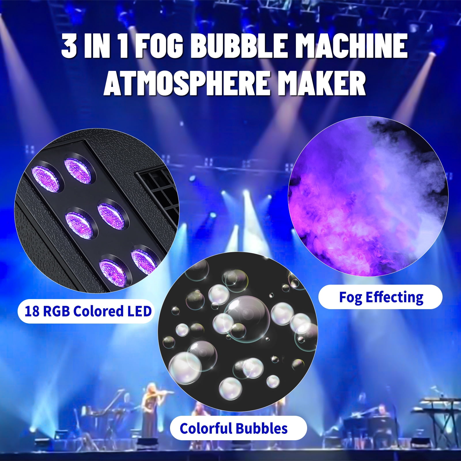 2000W Fog Bubble Machine, 3 in 1 Fog Machine with 2 Bubble Fans, 7 CH RGB 18 LED RGBW Lights Smoke Bubble Machine for Wedding, Birthday, Halloween, DJ Party, Stage