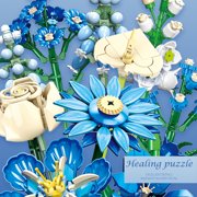 Blue Flower Bouquet Building Set , 766 PCS DIY Botanical Floral Kit with Adjustable Stems , Artificial Flower Decor Gift for Women, Home Office Vase Display