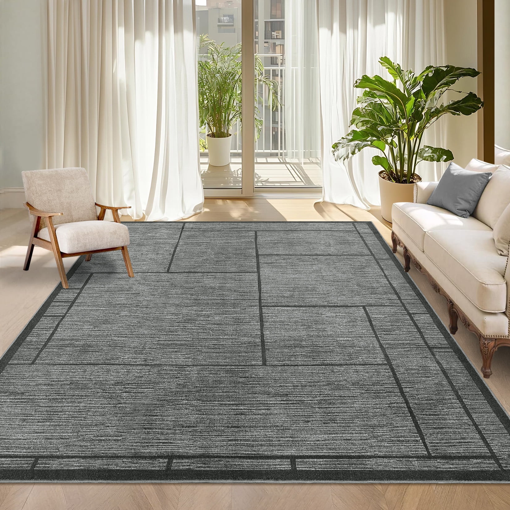Garvee 8'x10' Modern Geometric Area Rug Solid Rug Living Room Rug, Washable Rug Non-Slip Low Pile Indoor Carpet for Bedroom Dining Room, Dark Gray