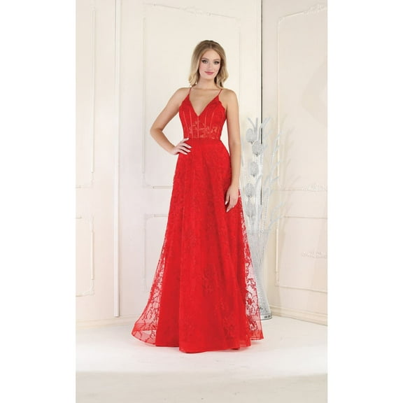 Women's May Queen MQ1996 Corset Bone Embroiderd Lace Prom 2026 Long evening elegant Gown Red 8