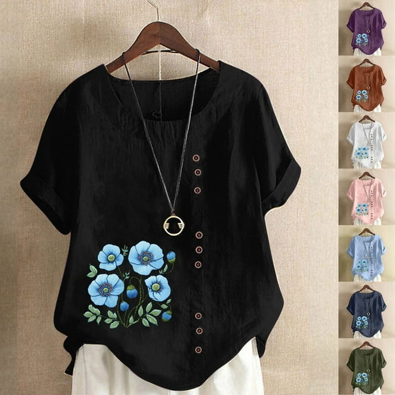 DDAPJ pyju Linen Tops for Women Short Sleeve Floral Print Tshirts Loose Fit Round Neck Casual Dressy Blouse Today's Sales Black XXXL
