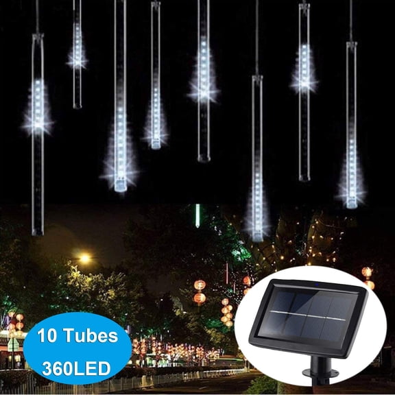 LINLIN LED Meteor Shower Solar Lights Garden, Waterproof 30cm 10 Tubes 360LEDs Falling Raindrop Cascading Decorative String Lights for Holiday Party Wedding Christmas Tree Decoratio