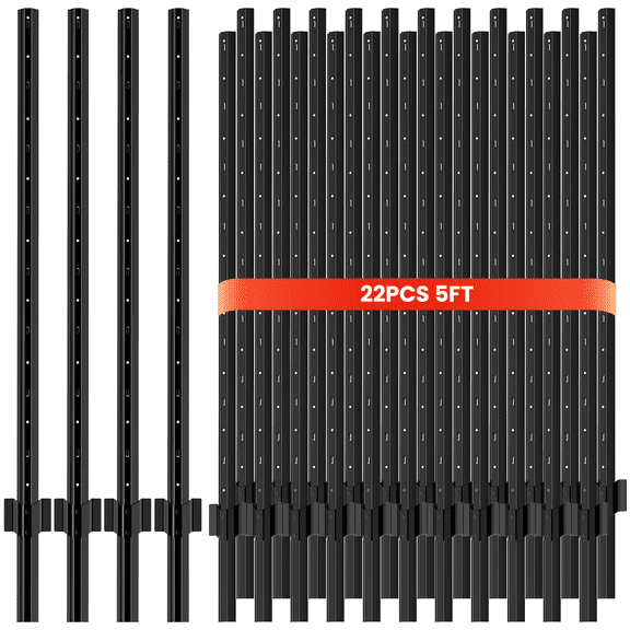 22 Pack Metal Fence Posts, 5 FT Garden Fence Post, T Post for Wire Fence, No Dig Steel U Post Fencing, Black Garden Stakes for Temporary Fencing, Electric Fence Wire, Corner Anchor