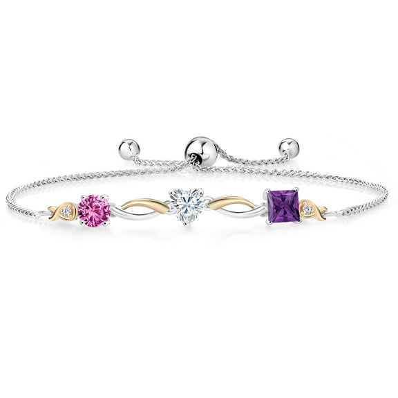 Gem Stone King 925 Silver and 10K Yellow Gold Pink Created Sapphire Moissanite Purple Amethyst and Lab Grown Diamond Tennis Bracelet for Women By Keren Hanan (2.00 cttw, Adjustable up To 9 inch)
