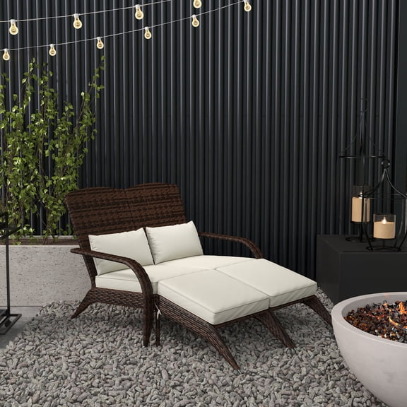 Outdoor Rattan Chair with Removable Footstools & Cushions, All-Weather PE Wicker Lounge Chair Set for Patio, Pool, Garden