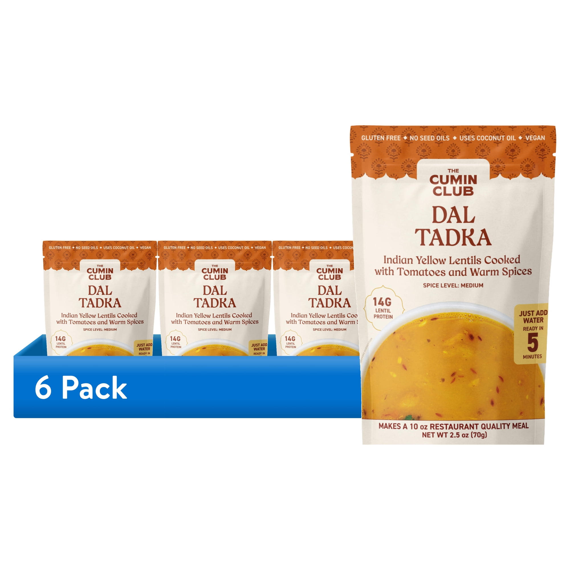 (6 pack) The Cumin Club Dal Tadka - Instant Indian Food - Ready to Eat Yellow Lentils - 10oz Meal
