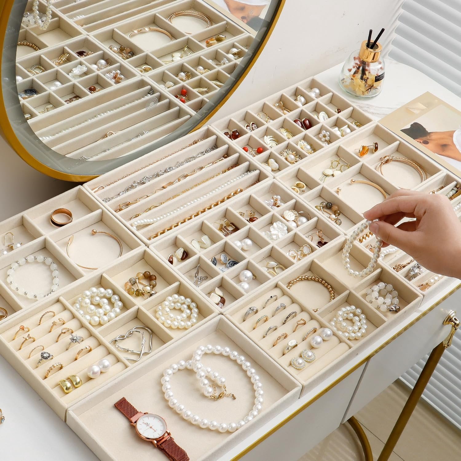 Stackable  Organizer Trays Set of 9, Small   Organizers Earring Necklace Ring Bracelet Display Case Storage for Drawer Dresser (Beige)