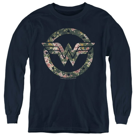 Dc Wonder Woman Floral Wonder Woman Logo Kids Long Sleeve T Shirt (X-Large) for Youth Boys and Girls, Navy