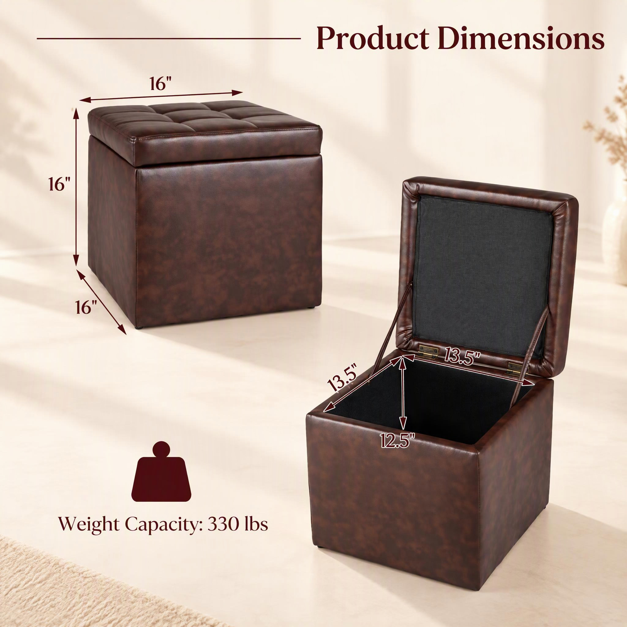 Costway 16" Cube Ottoman Storage Box, Red Brown photo 3