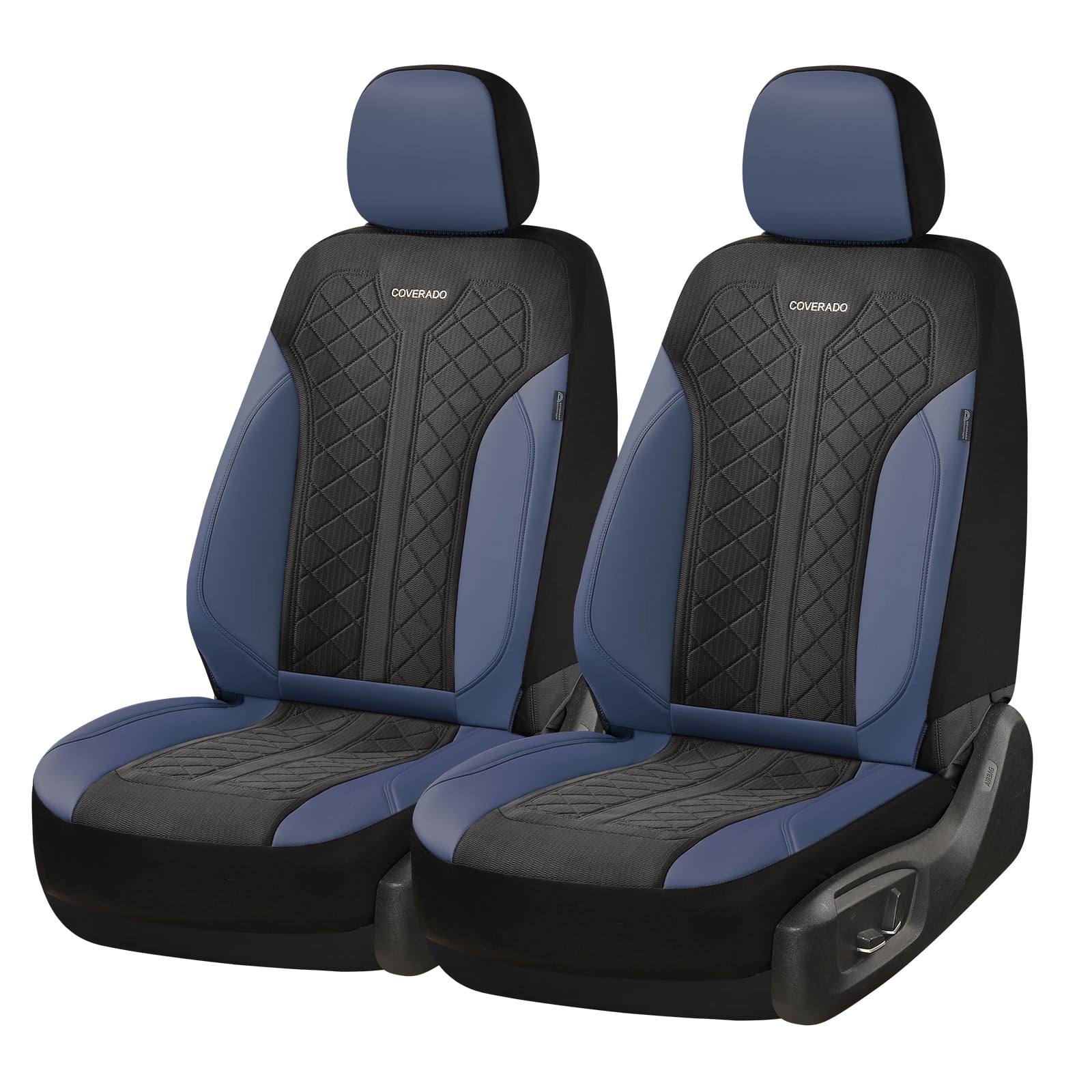 Coverado Front Car Seat Covers, 2 Seats Luxury Faux Leather Seat Protectors, Universal Fit for Most Cars, Black&Blue