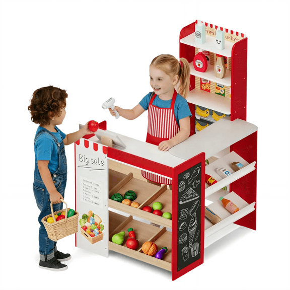 Arlopu Kids Pretend Play Grocery Store Wooden Supermarket Set with Chalkboard, Cash Register, Display Shelves & Play Food Accessories, Gift for Toddlers 3 