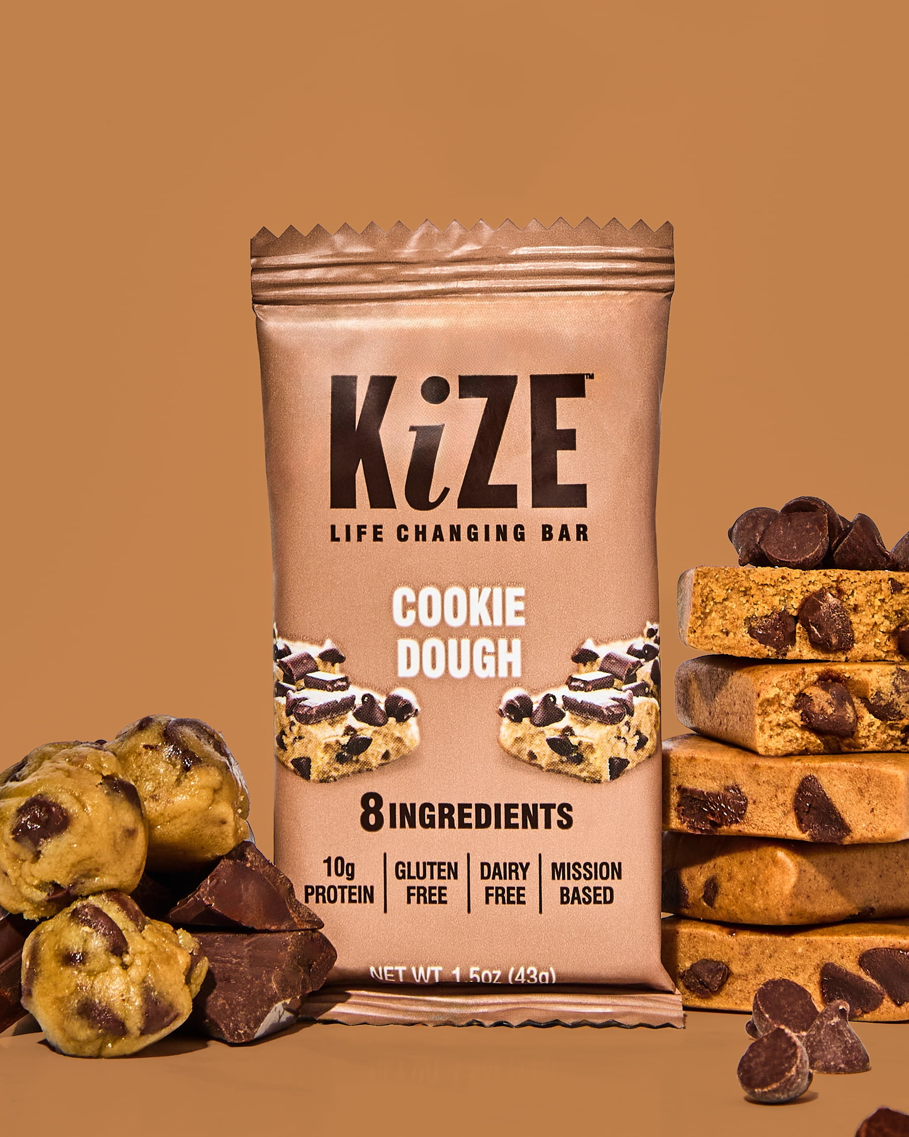 KiZE Life Changing Bar, Cookie Dough, Protein Bar, 8 ingredients, Dairy Free, 1.5oz Bar (10pk)