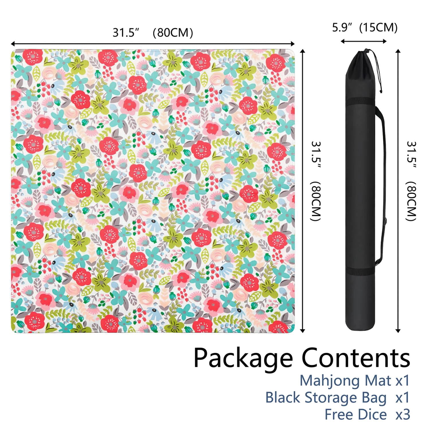 Extra Large Floral Rubber Mahjong Playing Mat, 31.5x31.5 Inch Anti-Skid Bottom Provides Stability and Noise Dampening for Tiles, Cards and Board Games
