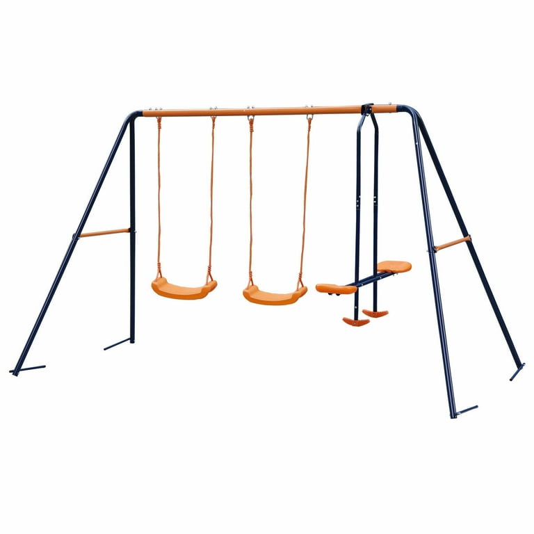 ZENSTYLE Double Metal Swing Set W/ 2 Saucer Swing Seats, 1 Seesaw