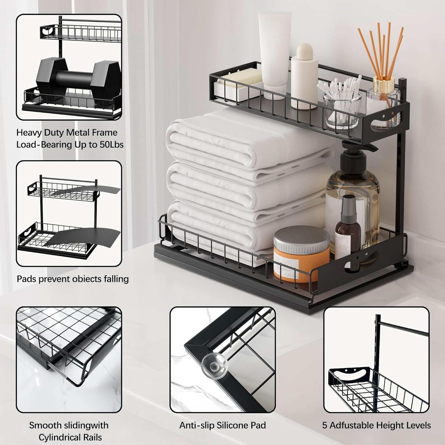 Under Sink Organizer with Pull-Out Drawers,Kitchen Sink Organizer,2 Tier Bathroom Organizers And Storage,Bathroom Accessories Set,Black 2 Pack