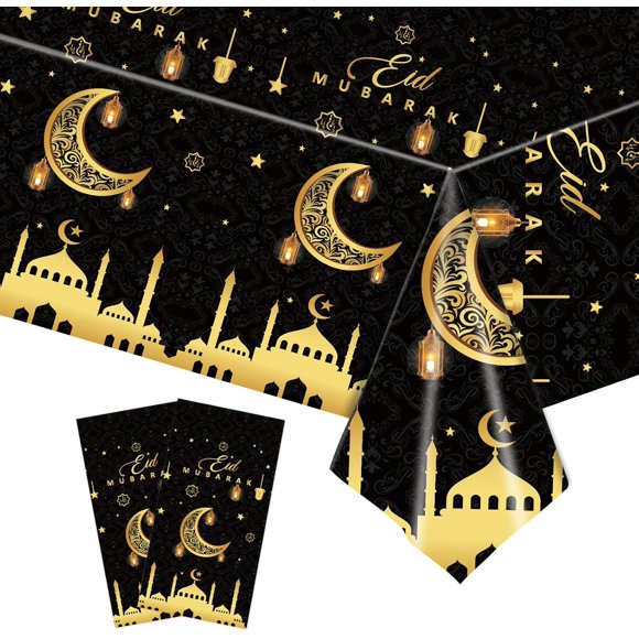SINGOMON 2PCS Black Eid Table Cloth Eid Mubarak Table Cloths Ramadan Table Cloths Rectangular Tablecloths Plastic Table Cover for Eid Decorations Eid Mubarak Decorations