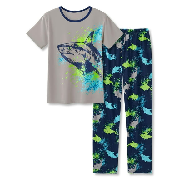 Beezizac Pajamas For Boys Fun Shark Gray Short Sleeves & Pants 2-Piece PJs Set Kid Comfy Sleepwear Size 10