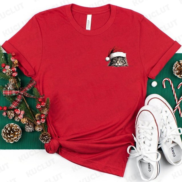 Camisetas de gato con sombrero de Navidad Kawaii para mujer, Tops de fiesta de Navidad, ropa de calle Harajuku, camisetas casuales de manga corta, ropa femenina