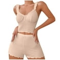 thumbnail image 3 of QATAINLAV Women Pajama Set Ribbed Lace Trim Tank Tops and Shorts Sleepwear 2 Piece Loungewear Nightwear Summer Outfits, Beige, XXXL, 3 of 4