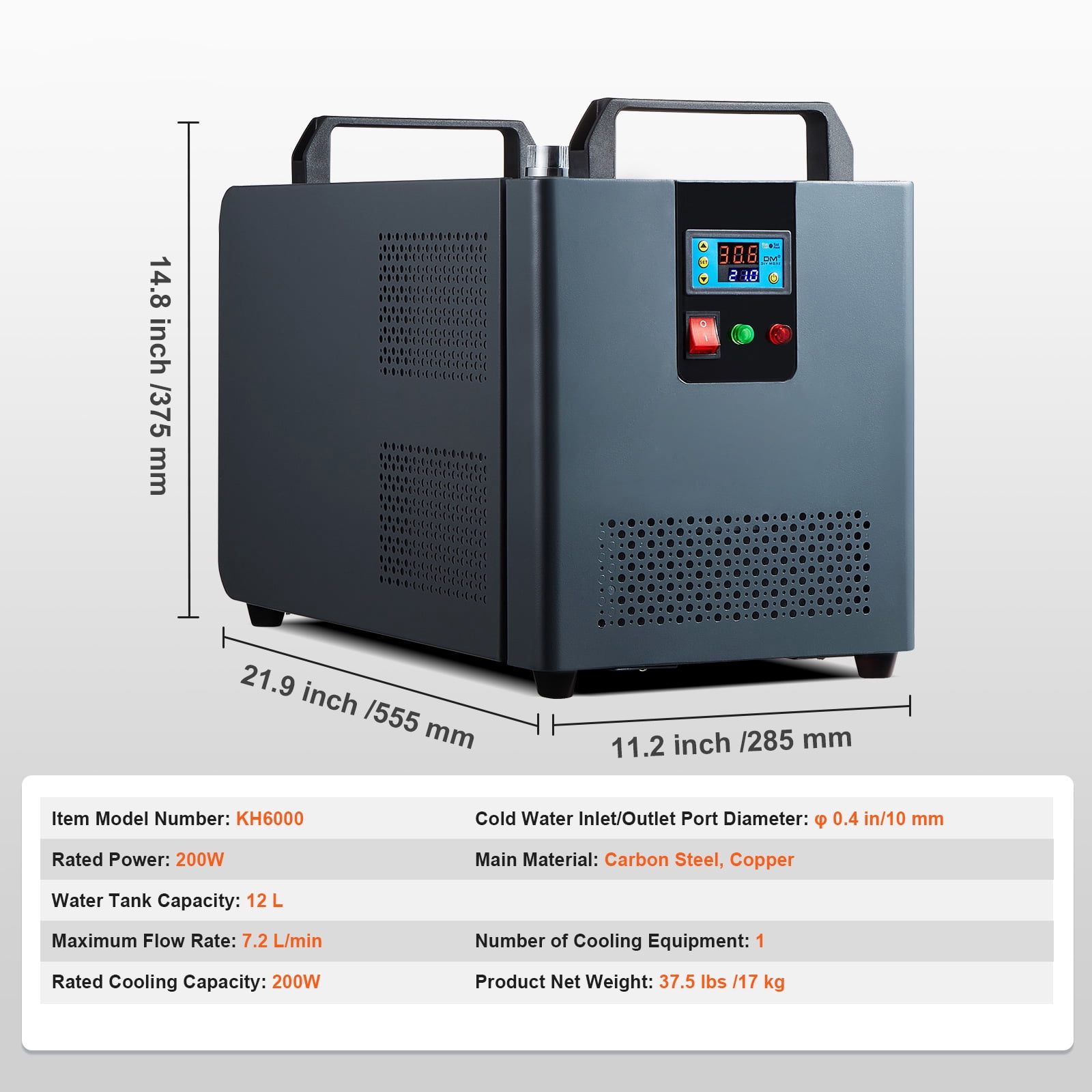 KFFKFF Industrial Water Chiller, KH-6000, 200W Cooling System with Compressor, 12L Tank Capacity, 7.8 L/min Max Flow Rate, Suitable for CO2 Laser Engraving Machine