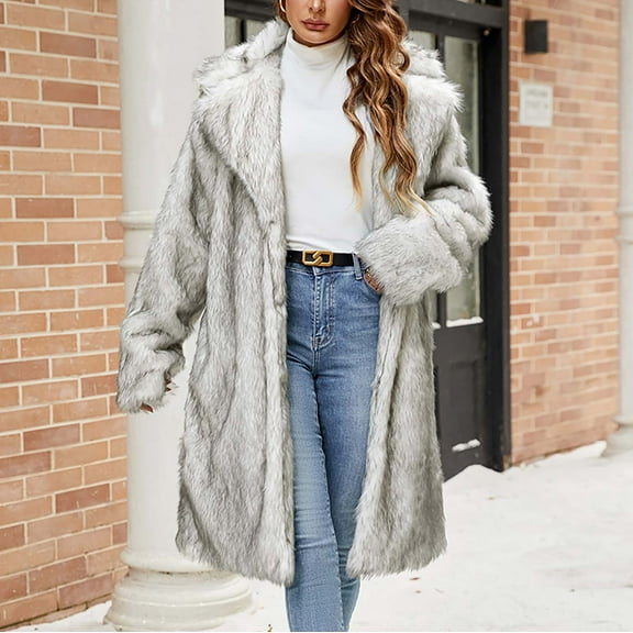 Women's Plus Size White Faux Fur Coat Turn-Down Collar Long Sleeve Warm Long Coat