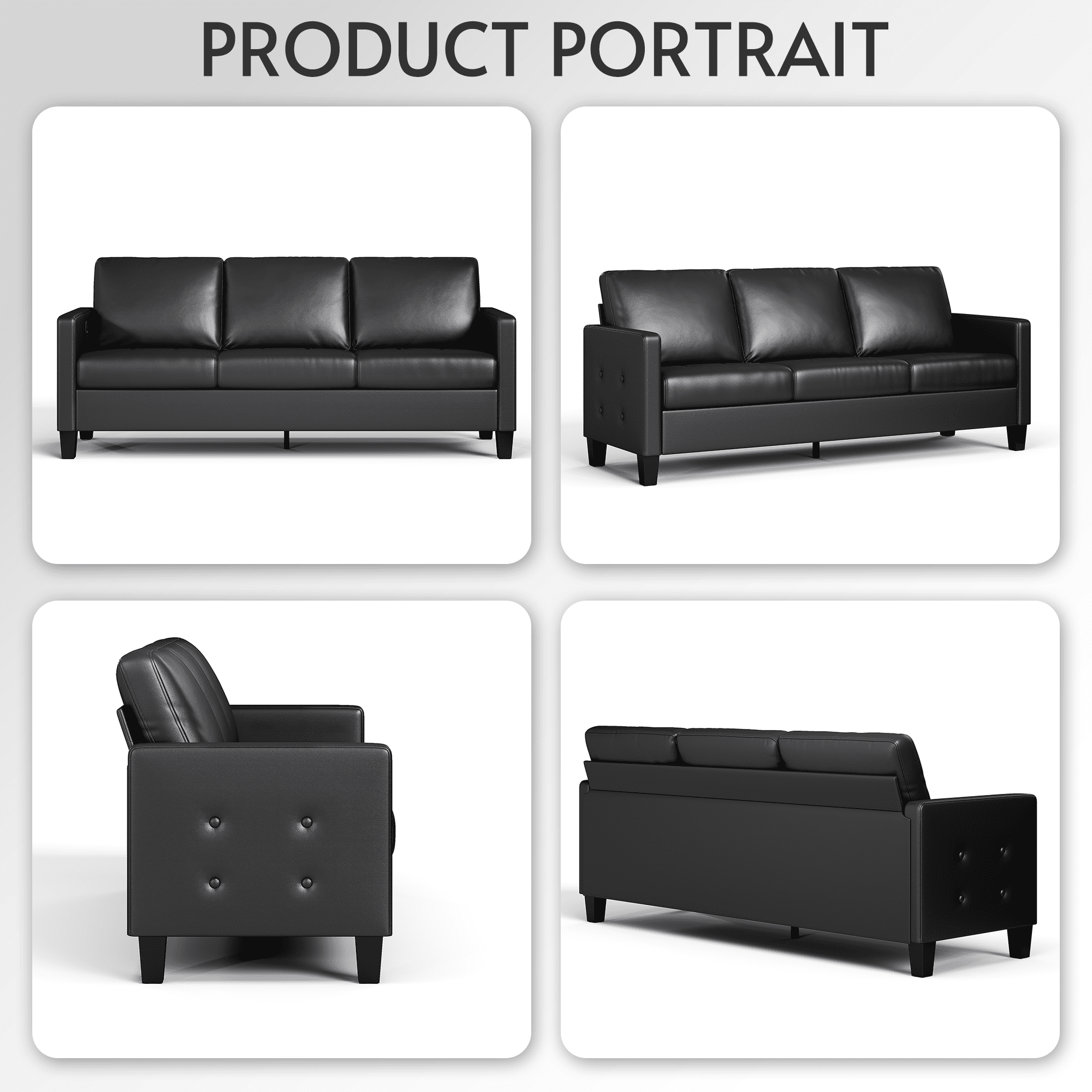 Coewske 72" W PU Leather 3 Seater Couch Sofa with USB Ports for Living Room Apartment Bedroom, Black