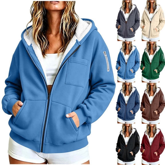 Xaqiouau Womens Sherpa Lined Zip Up Hoodie Thick Fleece Hooded Sweatshirt with Multiple Pockets Warm Casual Jacket for Fall Winter Daily Wear