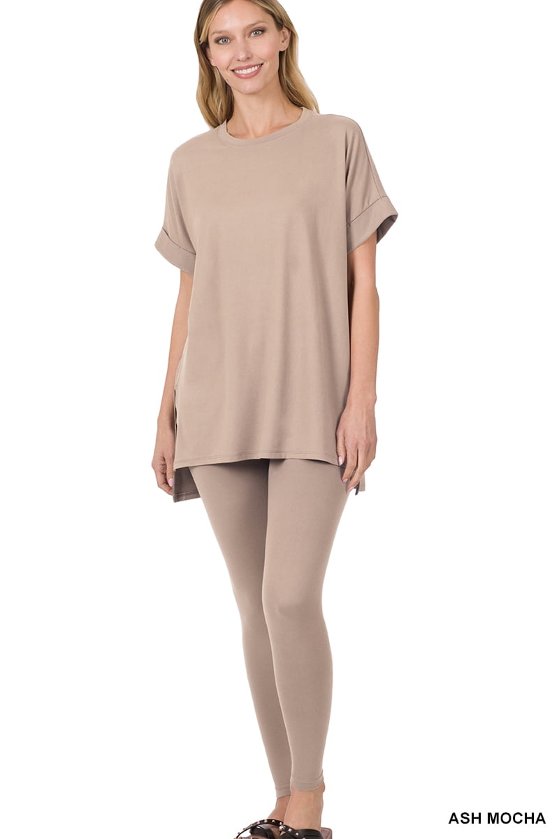 Zenana Plus Size Round Neck Brushed DTY Microfier Short Sleeve Hi-Low Hem & Full Length Leggings Loungewear Set