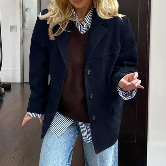 Women's Blazer Jacket Fall Winter Notched Lapel Peacoat Short Trench Coat Navy L