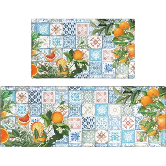Lemon Kitchen Mat Set of 2,Boho Orange Kitchen Rugs and Mats Non Skid Washable,Bohemian Kitchen Runner Rugs with Rubber Backing (17"x48" 17"x30")