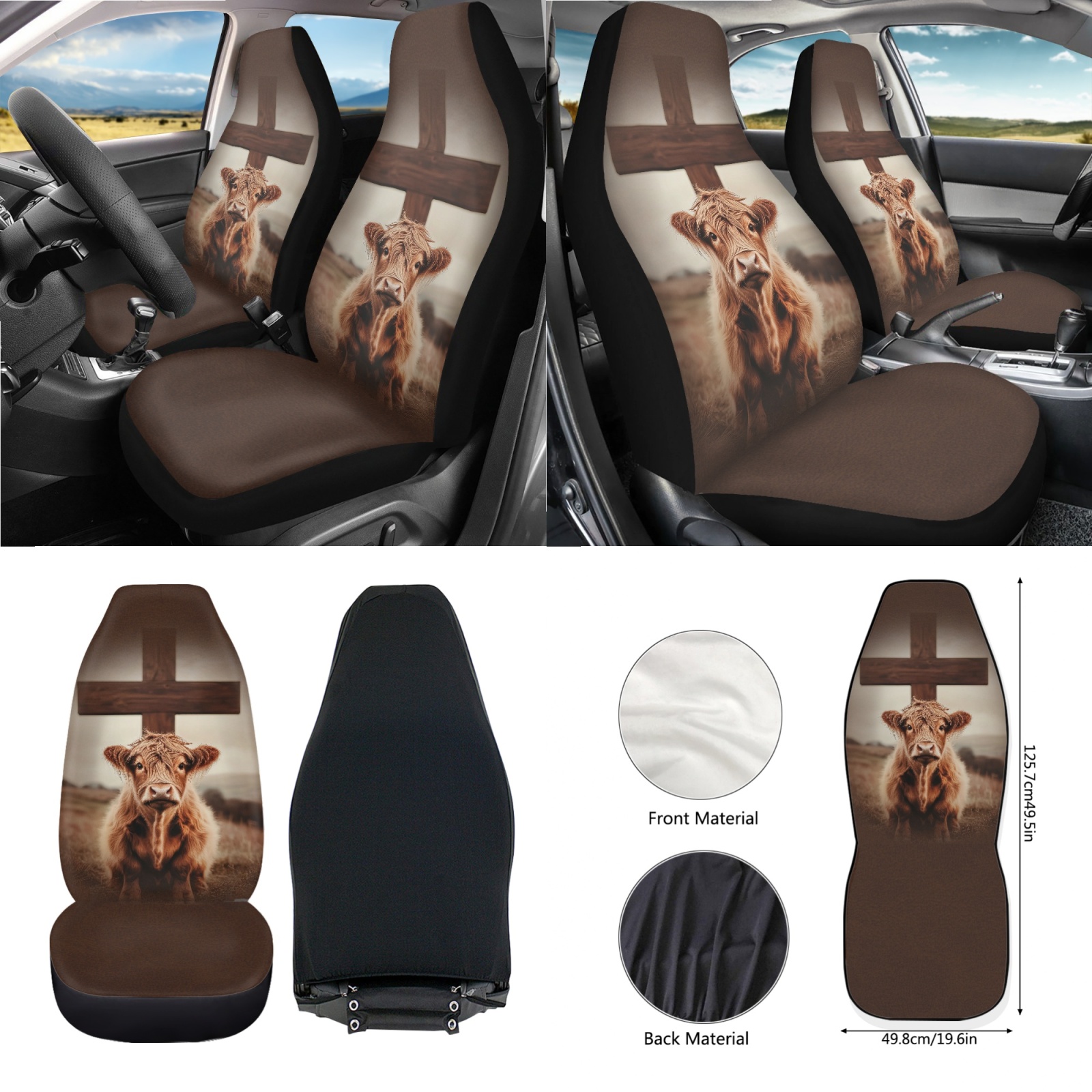 Renewold Highland Cow Cross 12 PCS Front Car Seat Cover Full Set, with Steering Wheel Seat Belt Rear View Mirror Cover Armrest Mat Trash Bag Air Vent Bag Coasters Key Chain Auto Accessories