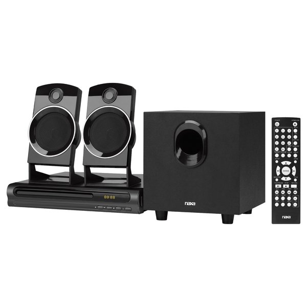 Naxa ND-863 2.1-Channel Home Theater DVD/Speaker System with a slim DVD player, two satellite speakers, and a subwoofer. Ideal for home theater setups, it includes a remote control, A/V cable, and user manual. Provides surround sound effects with connection options like component video, composite video, S-video, coaxial digital audio, and RCA 2.1-channel audio output.