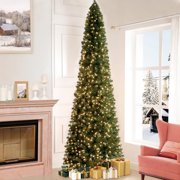 Naomi Home 9ft Slim Christmas Tree with Lights, Realistic Skinny Pencil Christmas Tree Prelit with 1455 Branch Tips, 500 Warm Lights and Metal Stand, Aritificial Christmas Tree, Árbol De Navidad