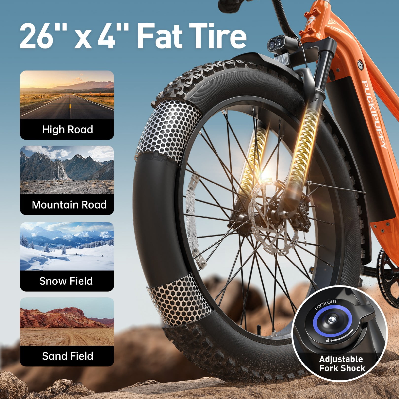 PUCKIPUPPY Electric Bikes for Adults 26" Fat Tire E Bike 28 mph up to 60 Miles Range 960W Peak Ebike 48V 15AH Battery Front Suspension off Road Mountain E Bike (Orange), Comply with UL2849 by SGS