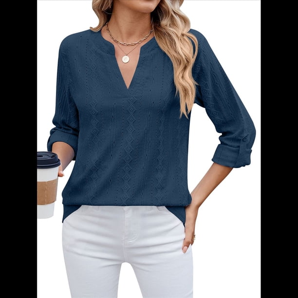 Blusa Informal con Cuello en V y Ojales Bordados para Mujer, Estilo , Elegante Azul Oscuro M
