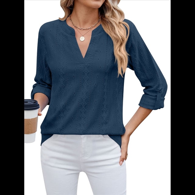 Blusa Informal con Cuello en V para Mujer, con Ojales, Bordada y Hueca, Ideal para Playa y Vestir. Azul Oscuro S