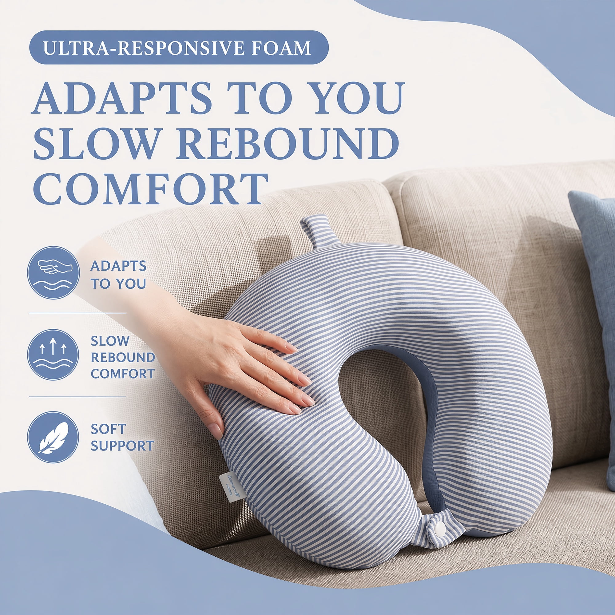 Unique Bargains Memory Foam Neck Pillow U Shape Snap Closure for Office Blue 11"x12"x4"