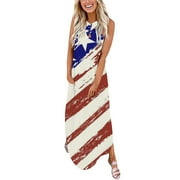 SOOMLON Casual Summer Dresses for Women 2023 4th of July Beach Sun Dress Striped American Flag Tshirt Dress Maxi Dress Beach Vacation Loose Long Dress Slit Dress Crewneck Sleeveless Beige L