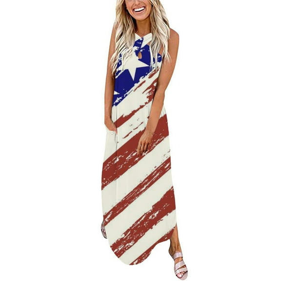 ibuvkizy 4th of July Plus Size Dress Fashion Independence Day Print Casual Crewneck Sleeveless Maxi Dresses for Women 2025 Beige L