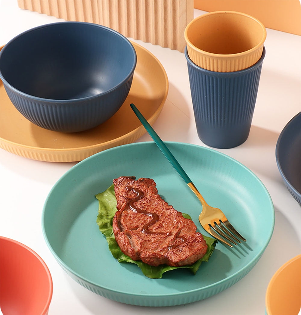 Axidou Wheat Straw Dinnerware Sets, 42 PCS Plastic Plates and Bowls Sets, Travel Camping Cutlery Set